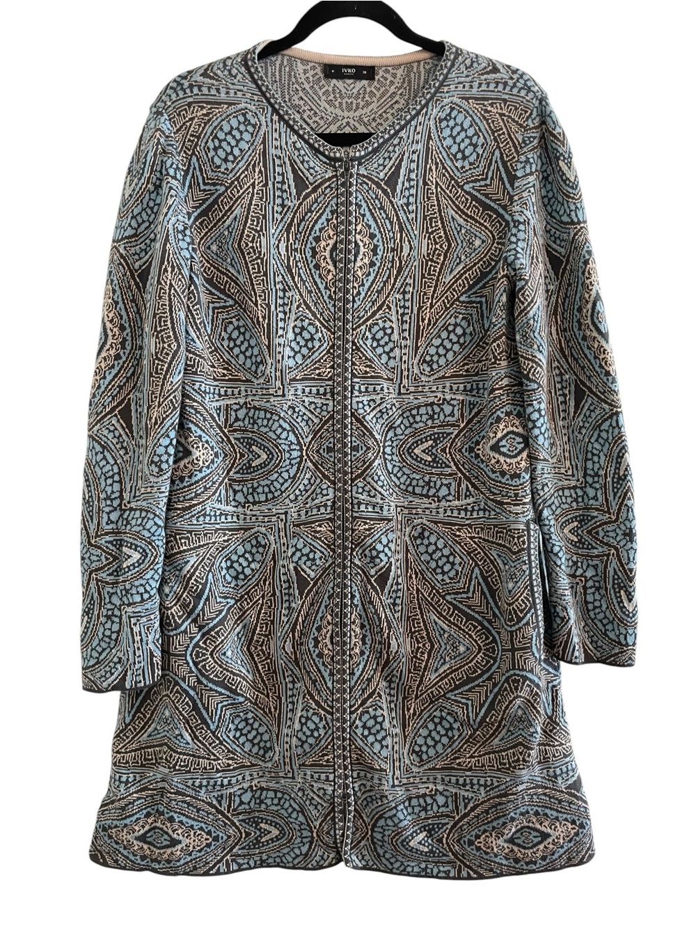 IVKO Blue Cream Zip-Front Abstract Patterned Cotton Knit Sweater Jacket Size 38